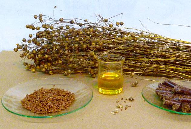 Травы, льняное масло и семена в тарелке