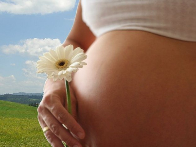 Беременная женщина держит в руках ромашку